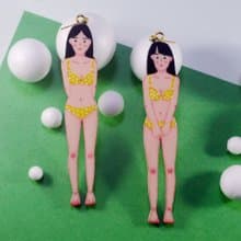 黃色波點比基尼少女 復古浪漫夏日人型耳飾 手繪木製