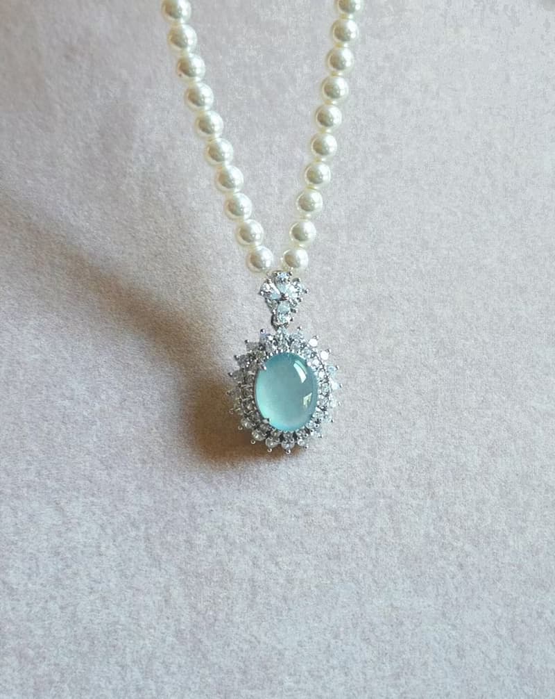 財水•高貴|夢幻高冰藍大蛋面|A貨翡翠純銀豪鑲吊墜項鍊