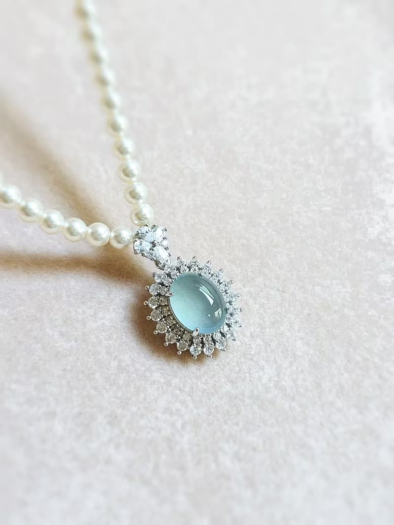 財水•高貴|夢幻高冰藍大蛋面|A貨翡翠純銀豪鑲吊墜項鍊