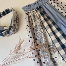 春天藍-女童拼接長裙+髮帶