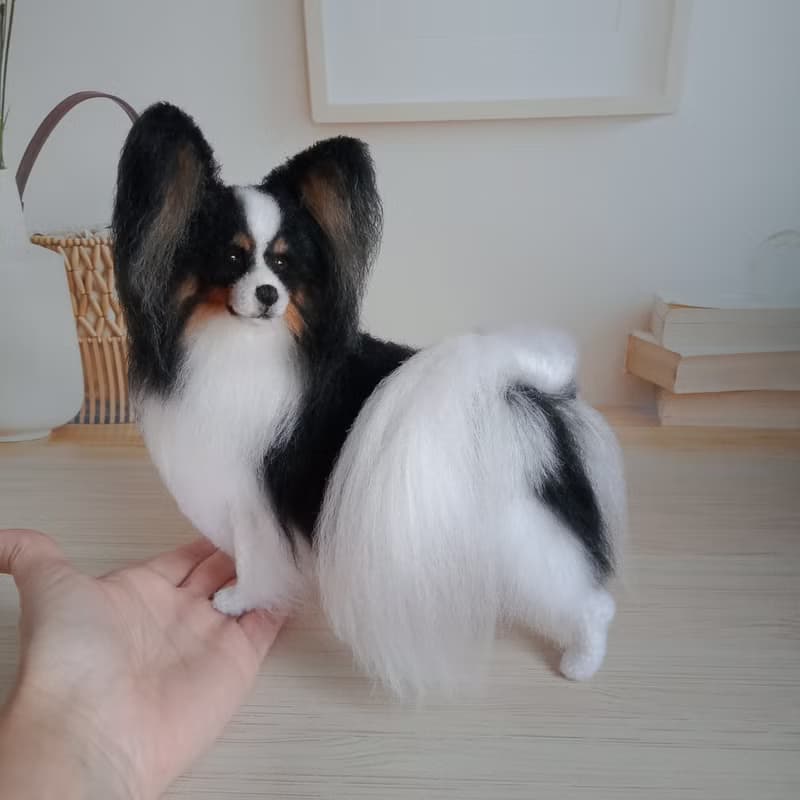 Height 8 inches (20 cm) Custom Miniature realistic crochet Papillon Tricolor