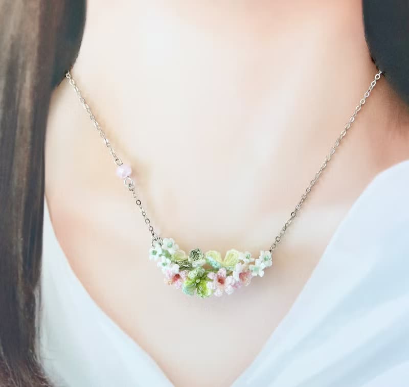 蕾絲花 繡球 風信子 頸鍊 鉤針細工編織 柔閃繡線 纖細優雅