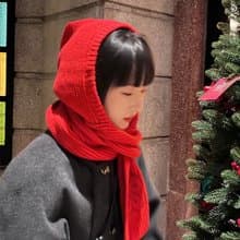 梅花圖案提花柔軟冬季羊毛針織毛線圍巾帽子一體毛線帽紅白2色