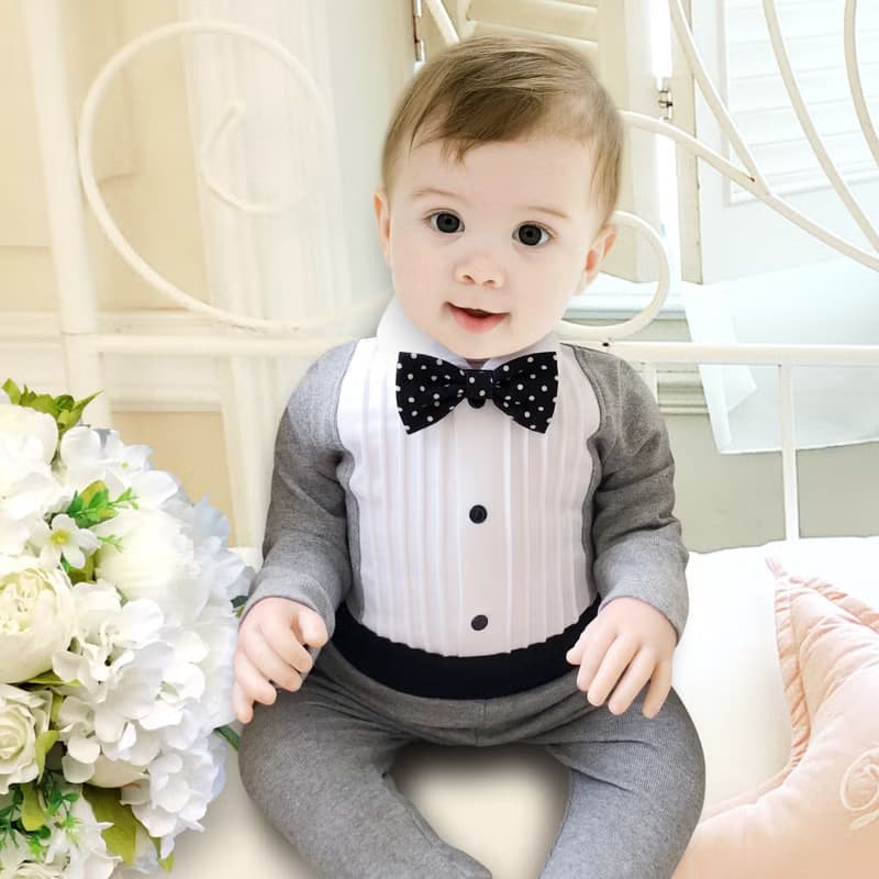 英倫皇家領結小紳士 灰色 長袖 全副武裝 寶寶彌月 嬰兒 禮盒組