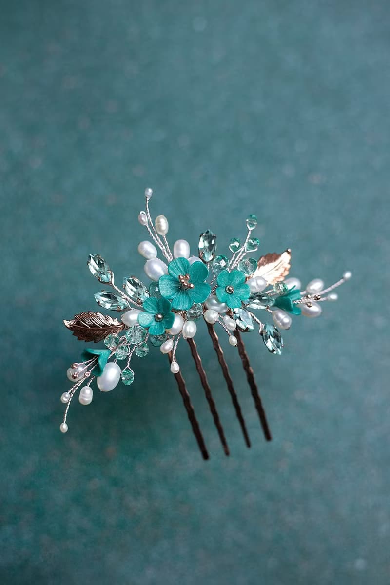 Rose gold mint flower hair comb, Pearly wedding jewelry, Pearl hair piece