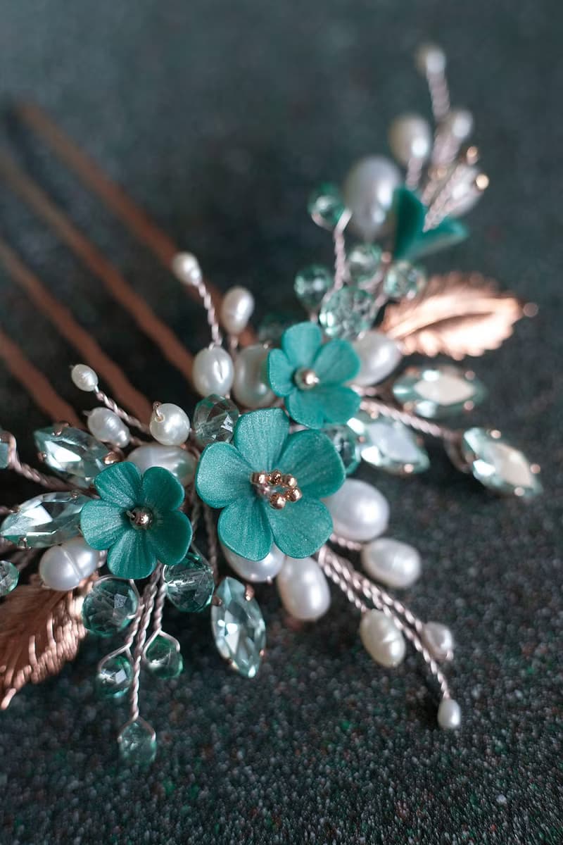Rose gold mint flower hair comb, Pearly wedding jewelry, Pearl hair piece