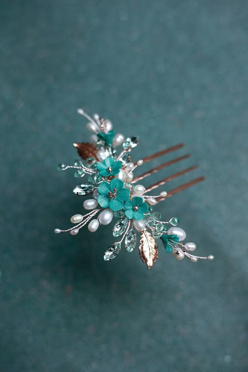 Rose gold mint flower hair comb, Pearly wedding jewelry, Pearl hair piece