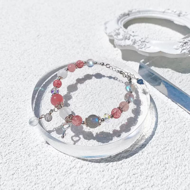 草莓晶 粉晶 月光石 拉長石 925純銀 天然水晶手鍊