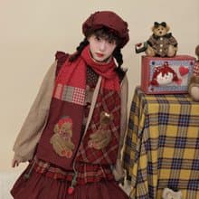 古著感 拼布玩偶刺繡圍巾 碎花格子圍脖