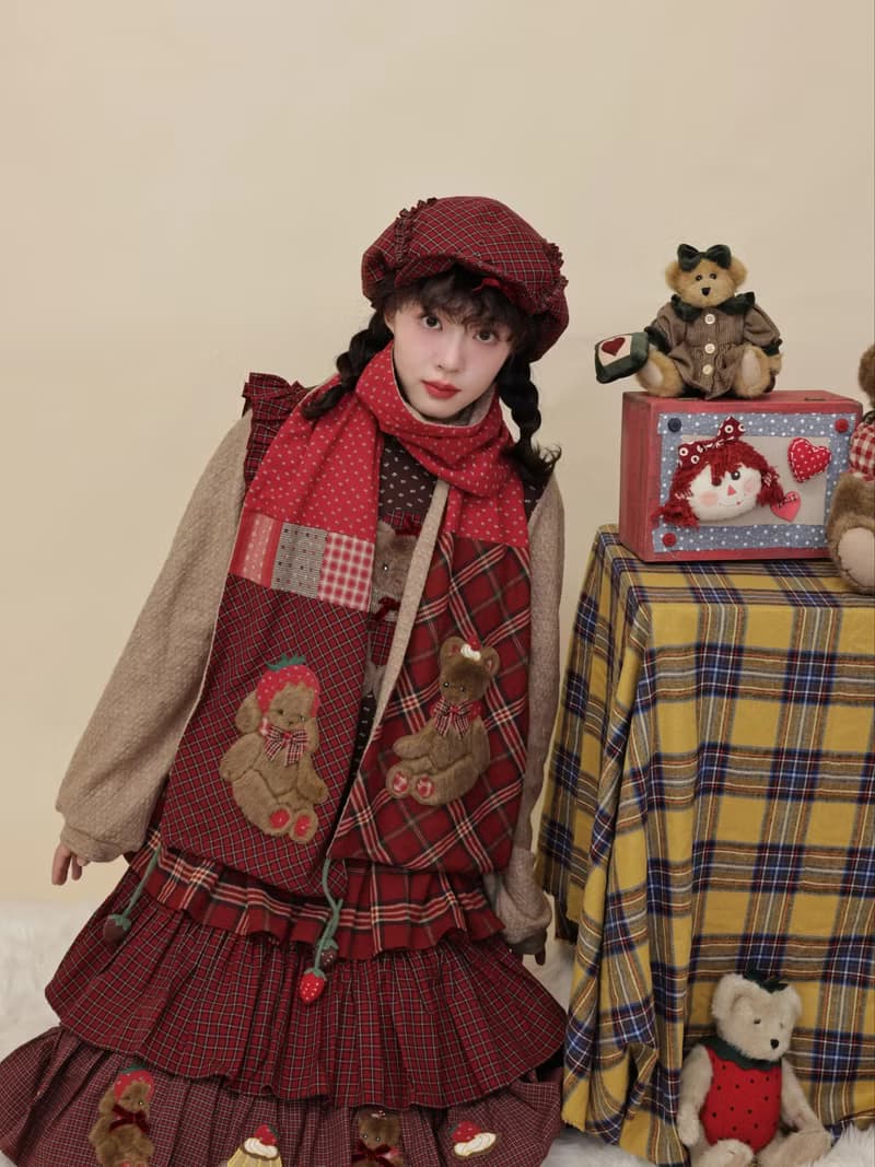 古著感 拼布玩偶刺繡圍巾 碎花格子圍脖