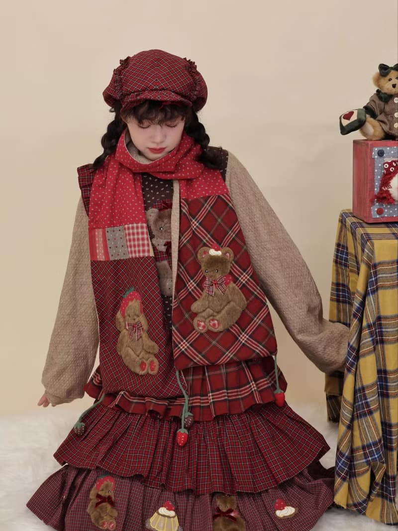 古著感 拼布玩偶刺繡圍巾 碎花格子圍脖