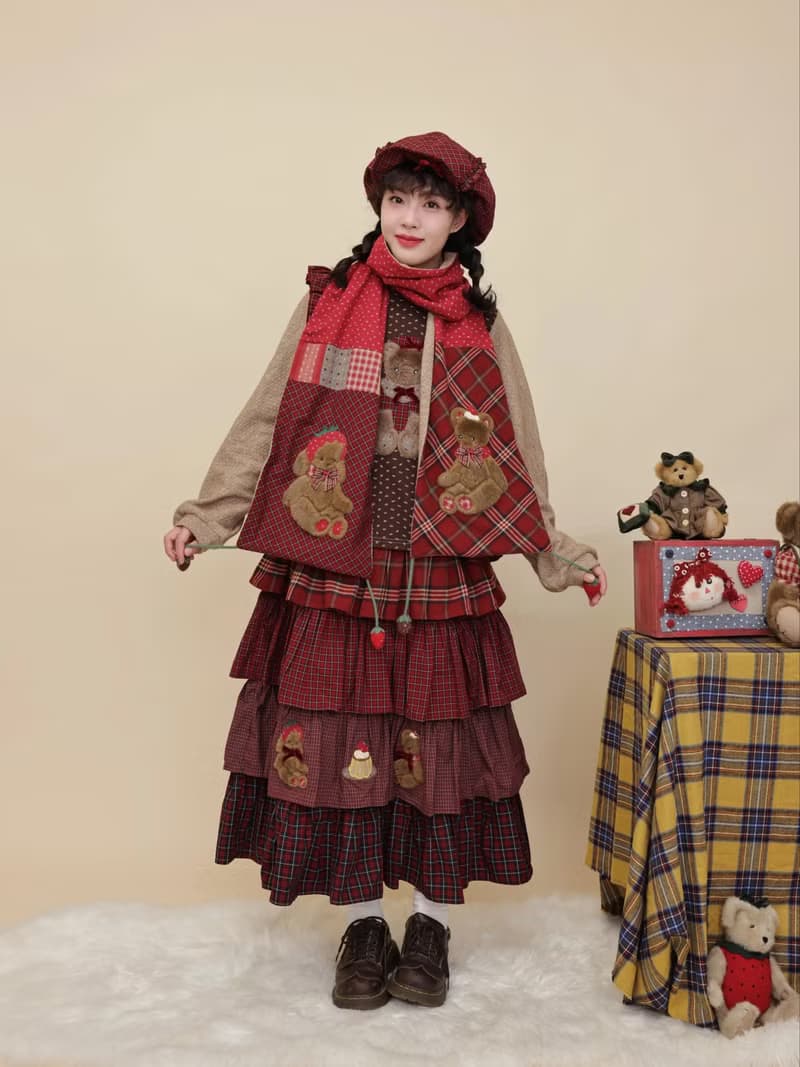 古著感 拼布玩偶刺繡圍巾 碎花格子圍脖