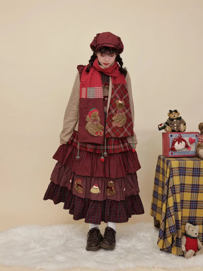 古著感 拼布玩偶刺繡圍巾 碎花格子圍脖