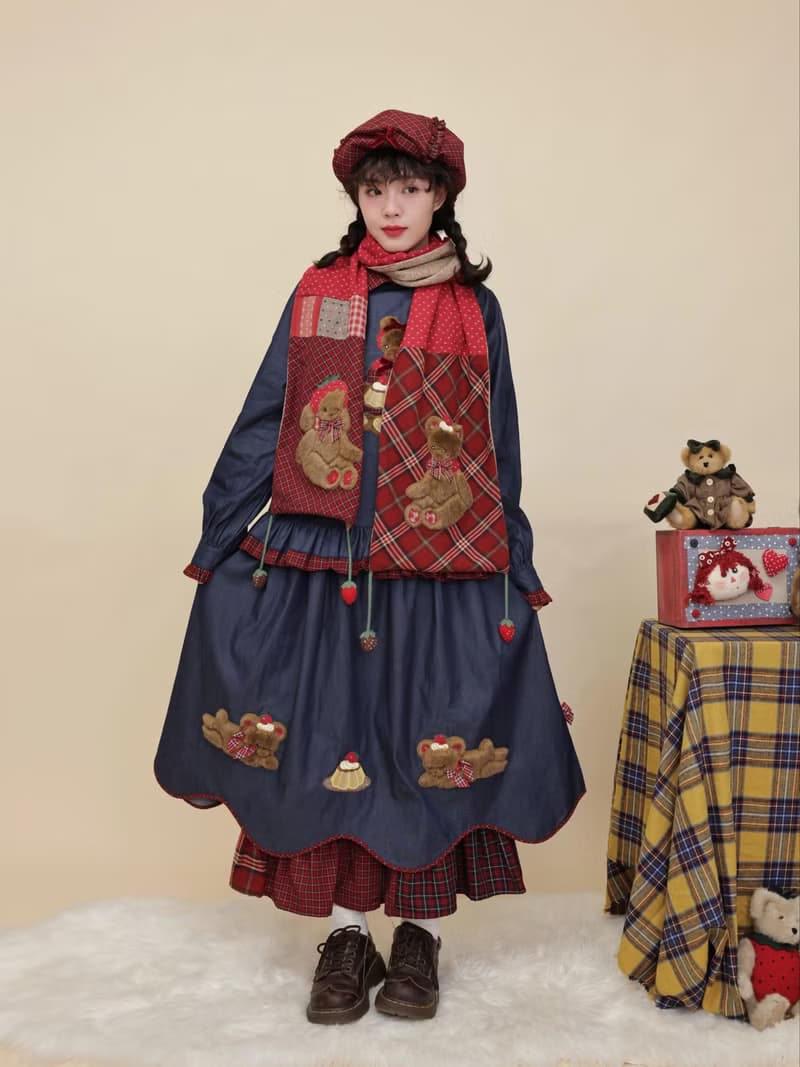 古著感 拼布玩偶刺繡圍巾 碎花格子圍脖