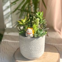 【招財首選】招財貓 水泥多肉組盆-花紋圓柱款12x11.5