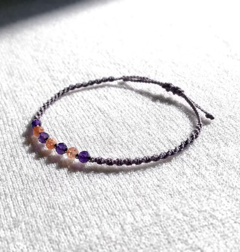 February birthstone amethyst sunstone gemstone macrame knot bracelet