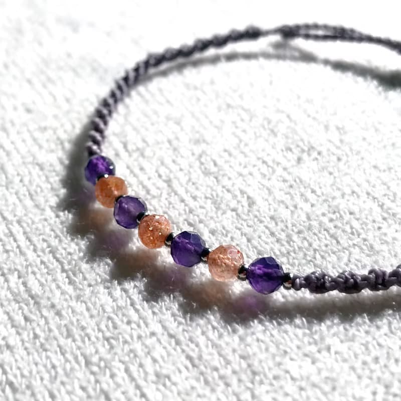 February birthstone amethyst sunstone gemstone macrame knot bracelet