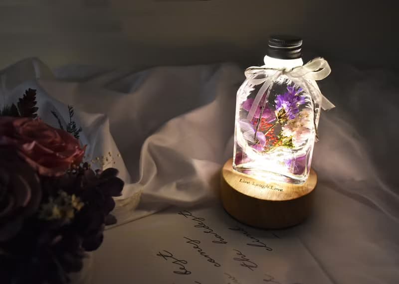 粉紫浮游花小夜燈/可刻字/乾燥花/永生花/生日聖誕樹