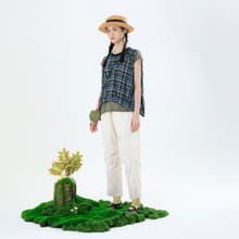 小新思格紋小蓋袖拼接上衣