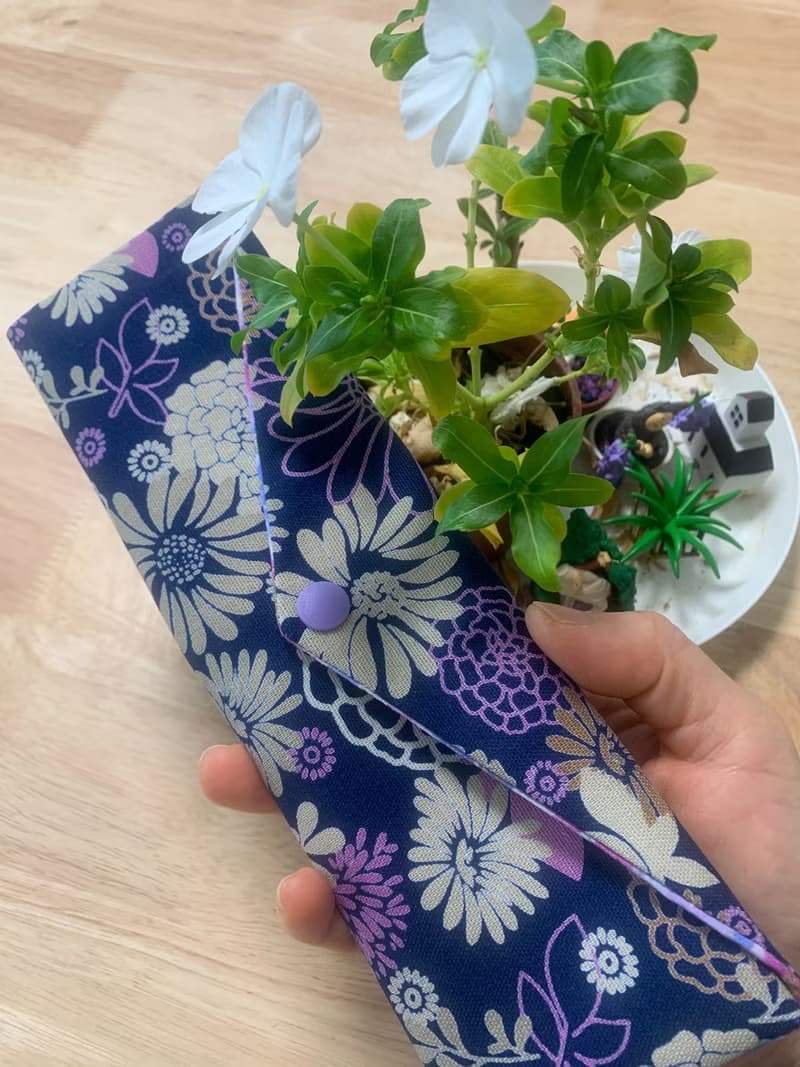 文青風環保純棉筷袋 花花世界 沈穩藍 百花綻放 日本 潮物 收納