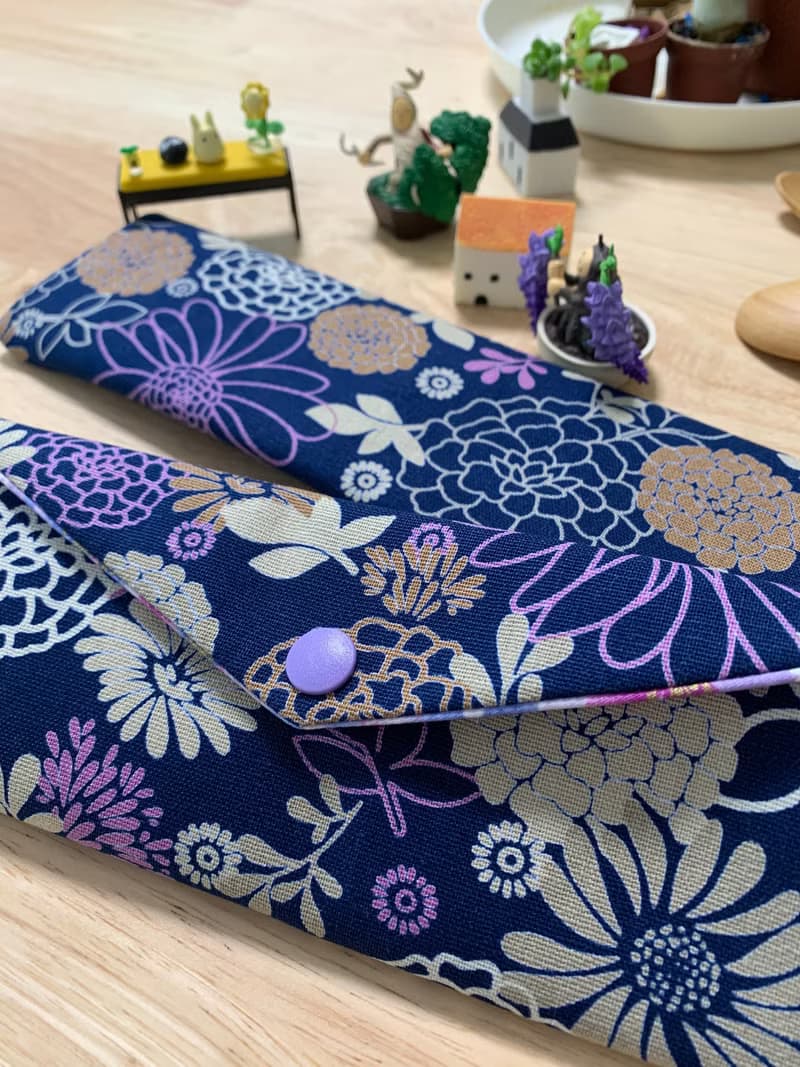 文青風環保純棉筷袋 花花世界 沈穩藍 百花綻放 日本 潮物 收納