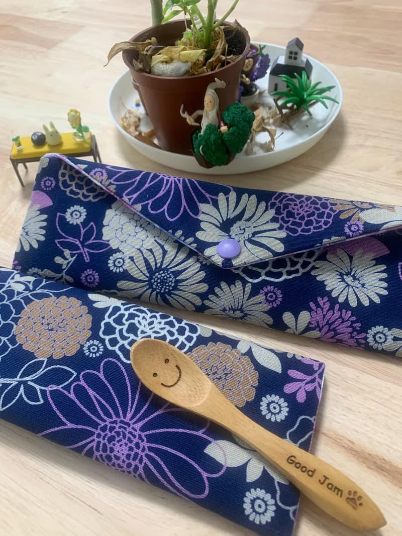 文青風環保純棉筷袋 花花世界 沈穩藍 百花綻放 日本 潮物 收納