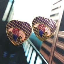 【西洋古董飾品 】景泰藍 紫色底 愛心條紋 百合花卉 針式耳環