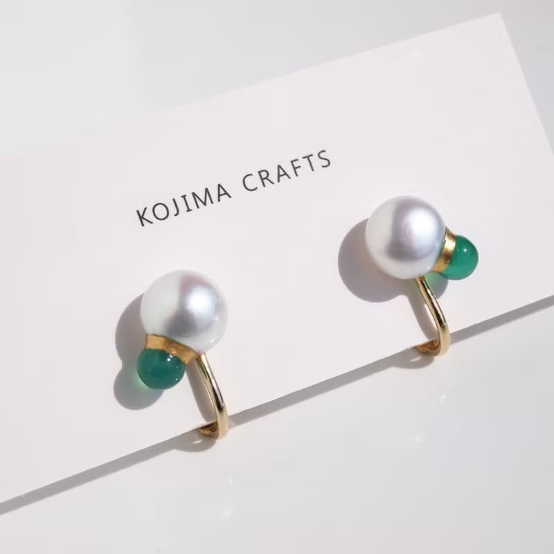 日本製　パールとグリーンオニキスのKintsugiパール   ピアス・イヤリング　淡水パール　緑瑪瑙　金継ぎ　アレルギーフリー