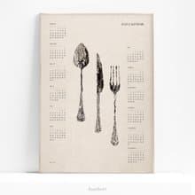 2025 Yearly Calendar Abstract Spoon Fork Knife Monotype Poster Printable Wall