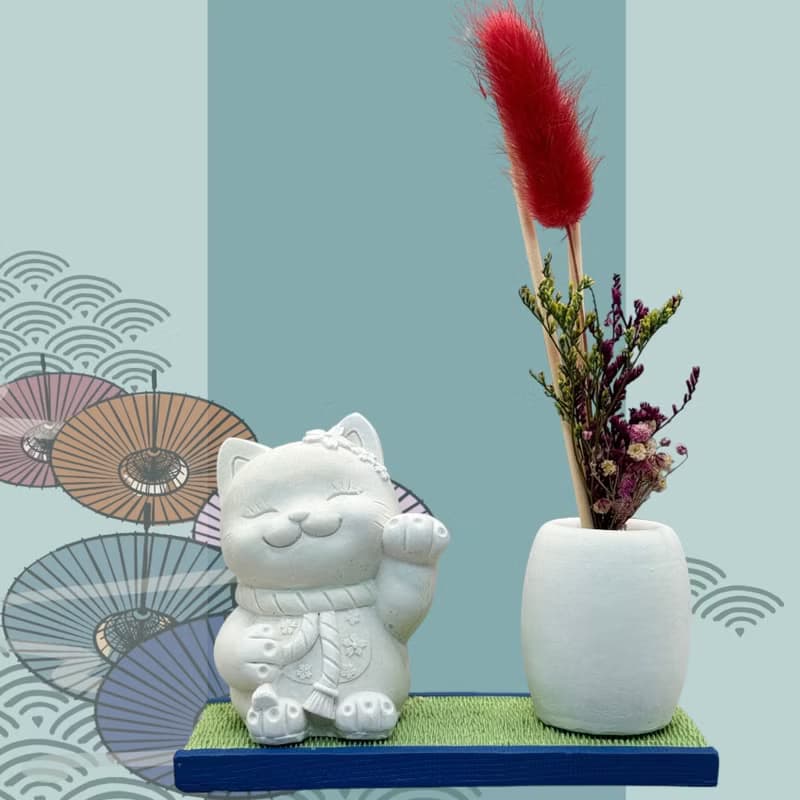禪風設計 仿真榻榻米版香氛組 純日系風花耳招財貓 居家涼感提升