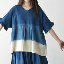 【棉麻手工藍染】V領荷葉邊袖子寬松可愛上衣