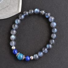磷灰石+ 青金石+藍光拉長石純銀水晶手鍊
