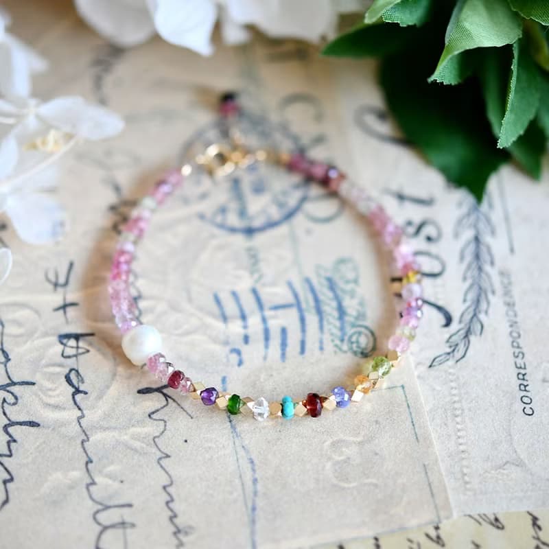 10種類天然石のカラフルブレスレット 10月誕生石　ピンク系