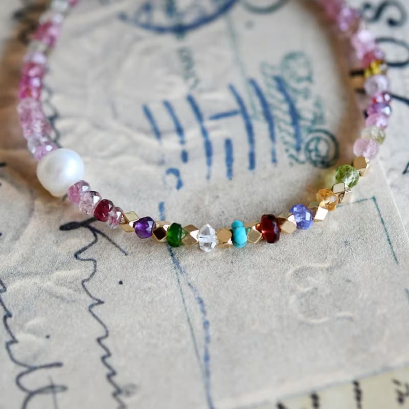 10種類天然石のカラフルブレスレット 10月誕生石　ピンク系