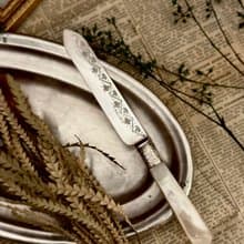 40784-古董珍珠母貝手柄鍍銀水果、甜點、奶油刀L20cm