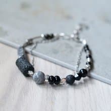 墨岩 - 火山石 黑曜石 地圖石 925純銀 雙鍊手鍊