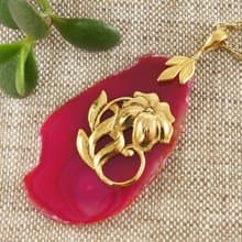 Pink Fuchsia Agate Slice Slab Golden Flower Floral Pendant Necklace Jewelry Gift