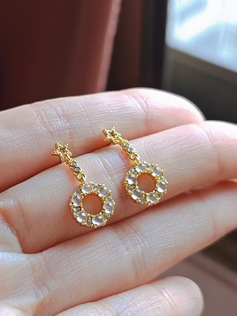 |仙女圈圈|A貨翡翠高冰玻白翡起剛蛋面2mm純銀鍍18k黃精緻耳環
