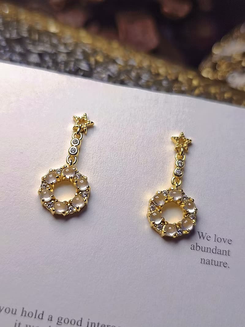 |仙女圈圈|A貨翡翠高冰玻白翡起剛蛋面2mm純銀鍍18k黃精緻耳環