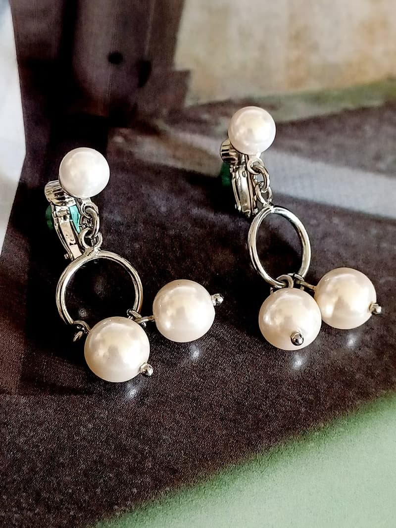 vintage jewelry 氣質佳人垂墜珍珠 夾式耳環