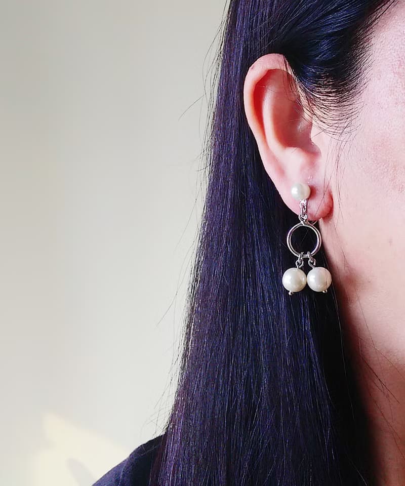 vintage jewelry 氣質佳人垂墜珍珠 夾式耳環