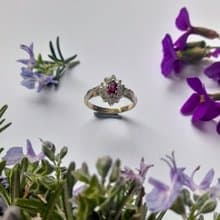 1998年 紅寶石鋯石聚花戒 純銀戒圍鍍金 英國伯明罕鑑定