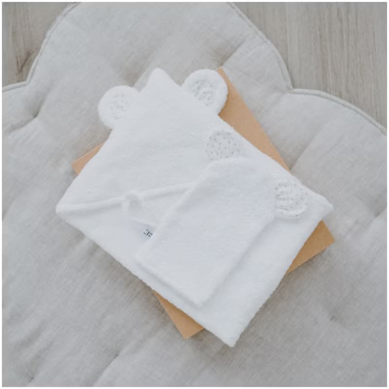 SET: Hooded Towel and Mitten white set for a Baby or Toddler