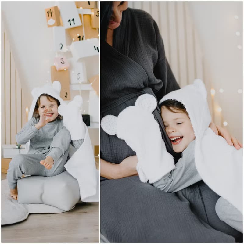 SET: Hooded Towel and Mitten white set for a Baby or Toddler