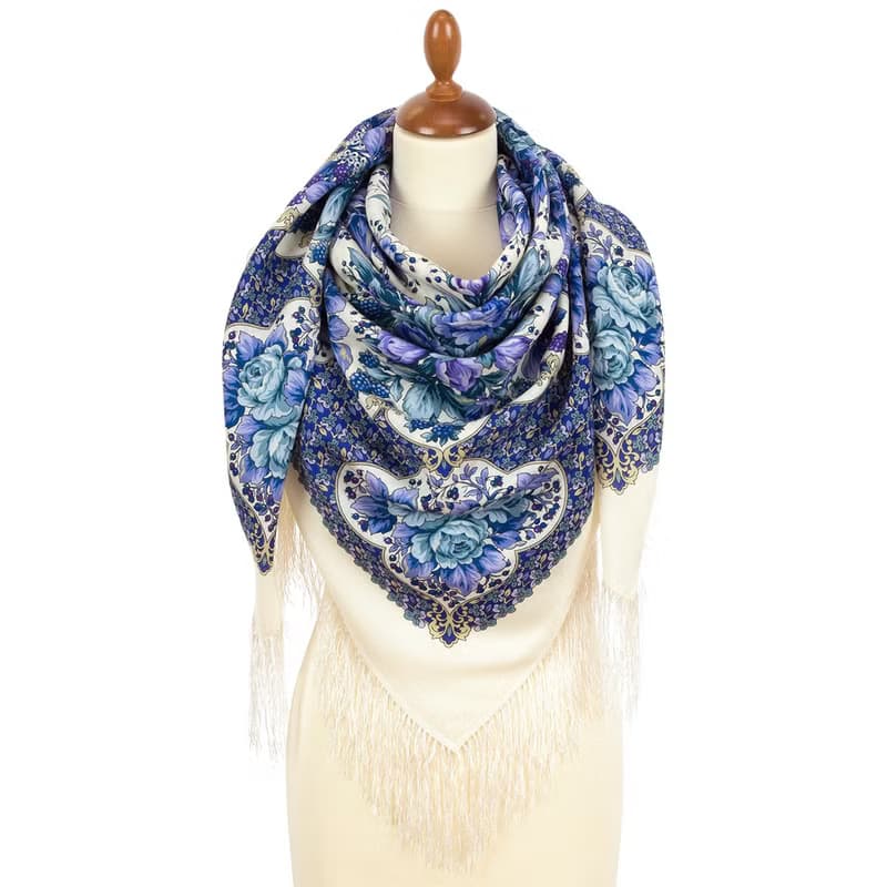 Pavlovo Posad Russian Shawl 100% Wool Scarf 125x125 cm Wrap Silk Fringe 2057-0