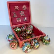 Pink Xmas tree decorations, wooden bauble, handmade, travel