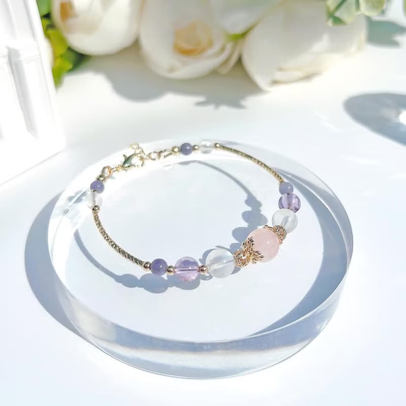 粉晶月光石紫水晶坦桑石 14K包金水晶手鍊 | 桃花運、人緣運