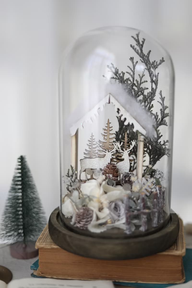 現貨 銀白雪地小屋 / 聖誕 交換禮物 永生花不凋花 乾燥花 玻璃罩