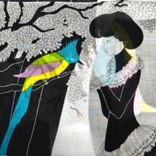 Kimiko Kojima Vintage Handkerchief Beautiful Woman and Birds 18.5 x 18.5 inches