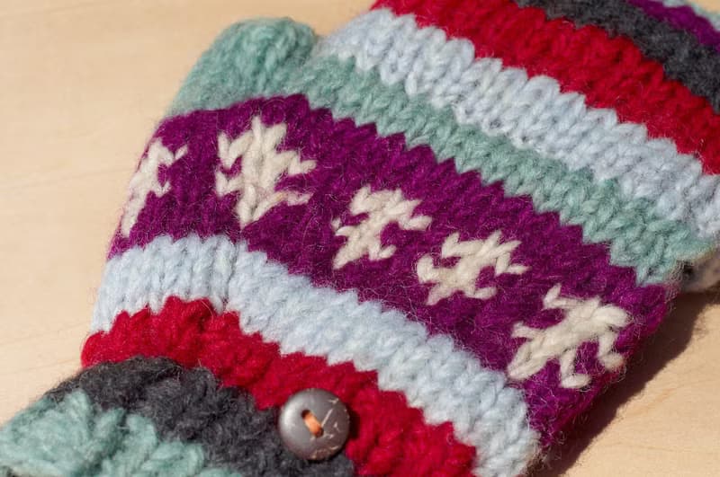 情人節禮物 創意禮物 限量一件手織純羊毛針織手套 / 可拆卸手套 / 內刷毛手套 / 保暖手套(made in nepal) - 香檳葡萄 + 薄荷綠 民族圖騰